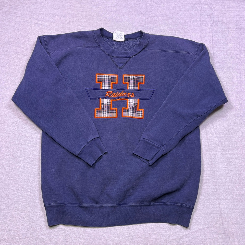 Discus Athletic Harrison‎ Raiders Navy Blue Plaid Graphic Sweatshirt Men's Large